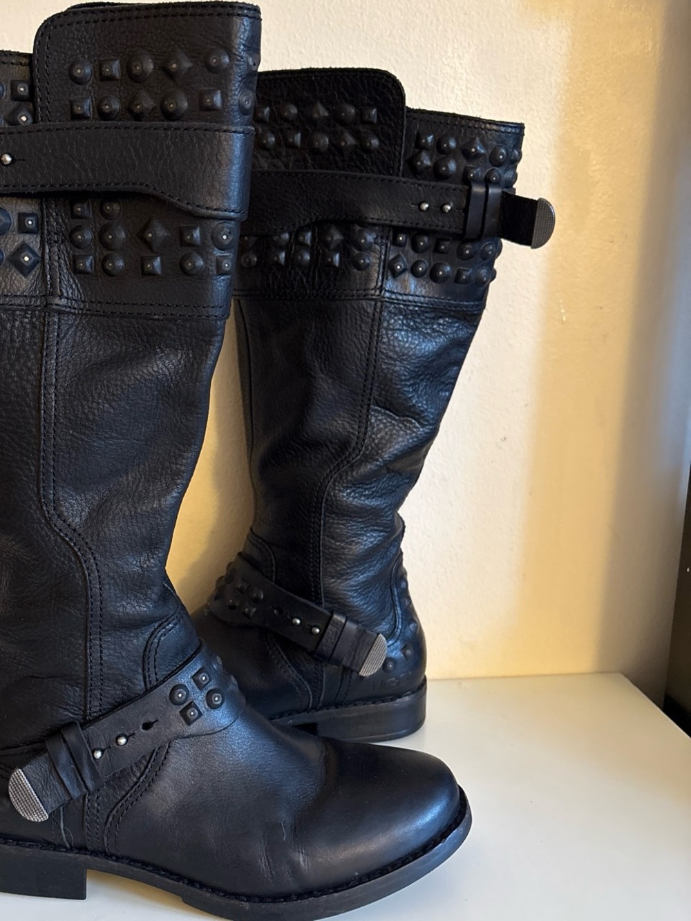New UGG riding and moto bootStudded Black Leather Knee-High Boots